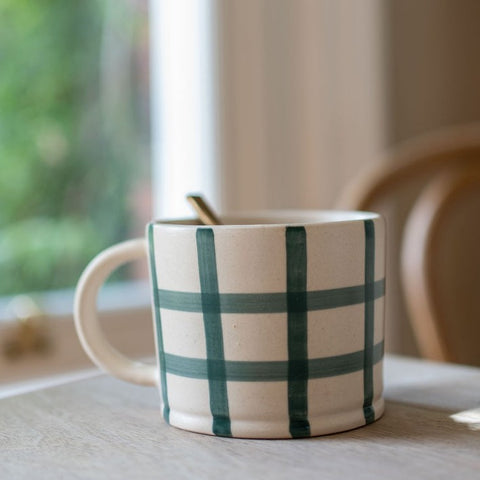 Hand Painted Check Mug - Forest Green