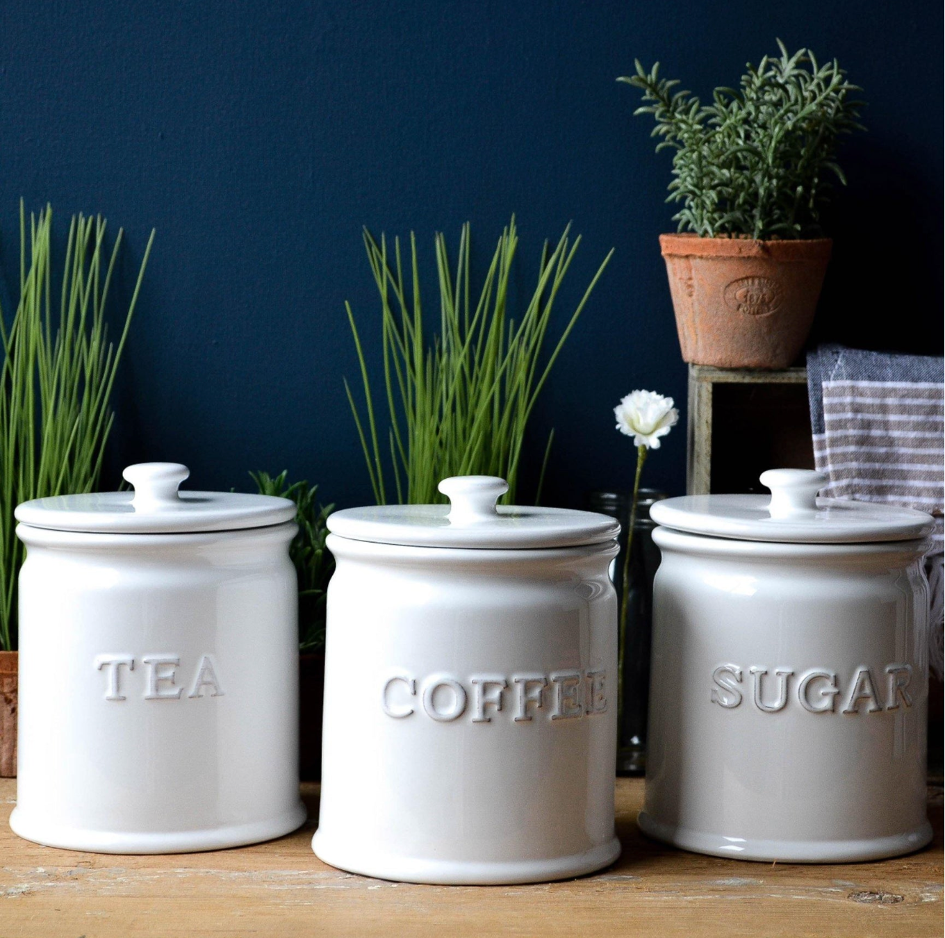 White Ceramic Tea Coffee Sugar Canister Set1