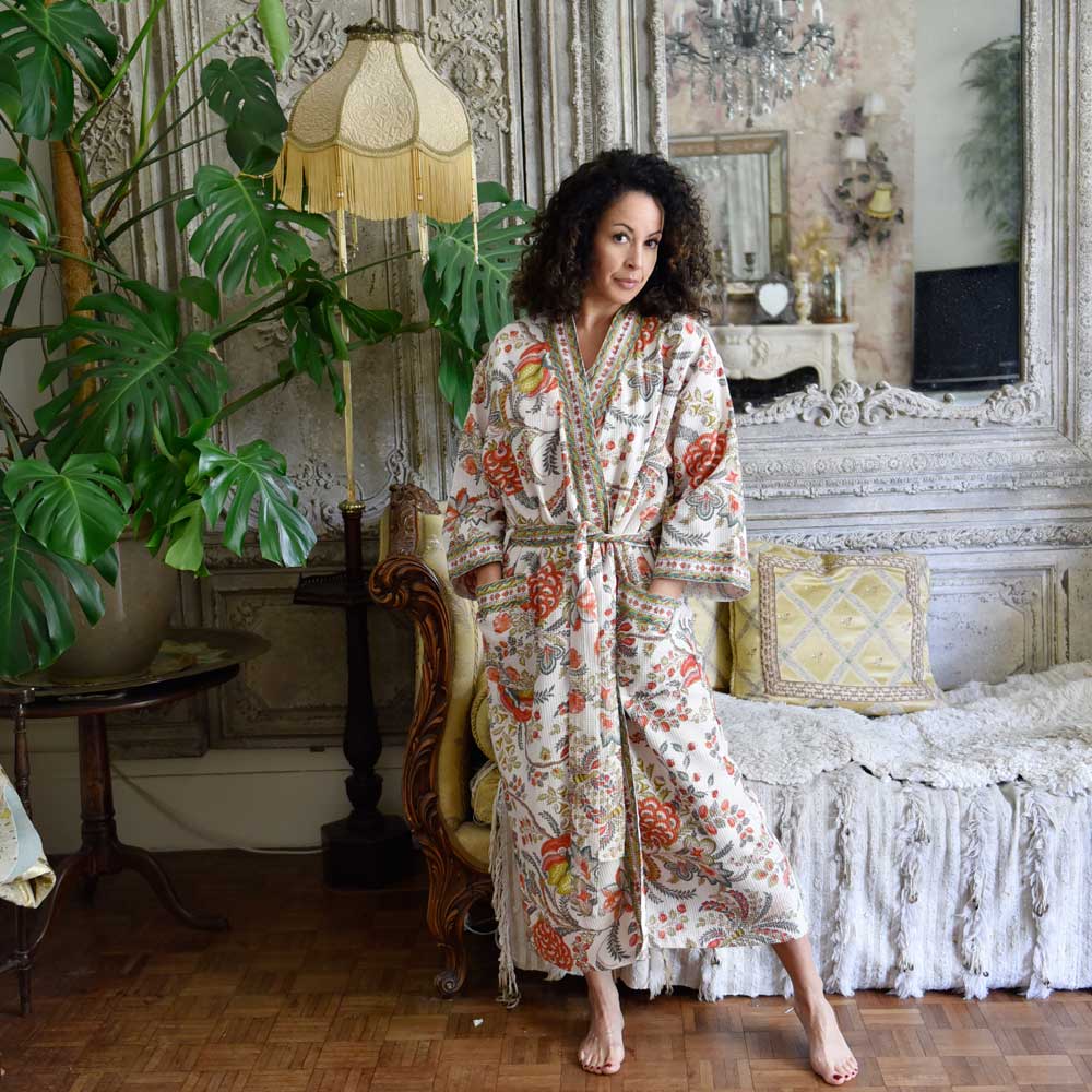 Dressing Gown - Floral Peach Cotton Waffle - - Liv's Solihull Dressing Gown - Floral Peach Cotton Waffle - - Liv's Solihull