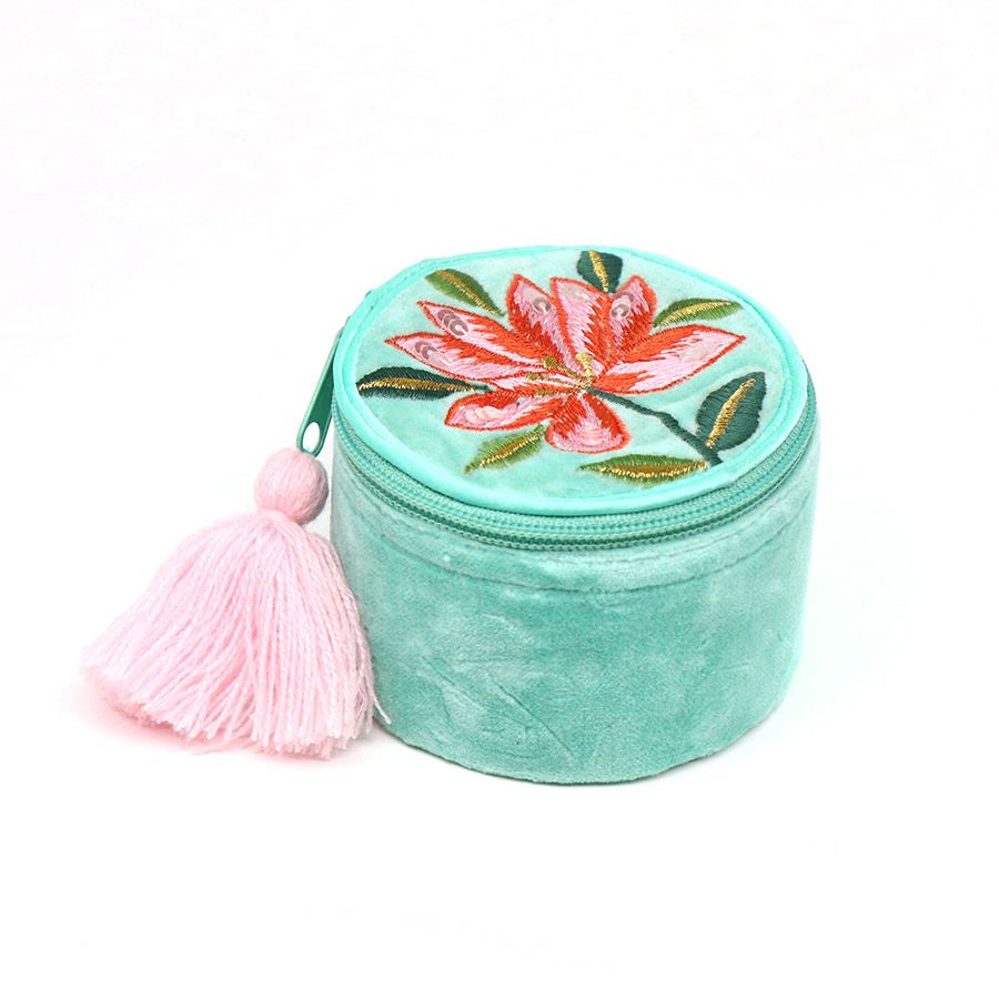 Round Jewellery Box Velvet, Turquoise Lily Embroidered Gifts for