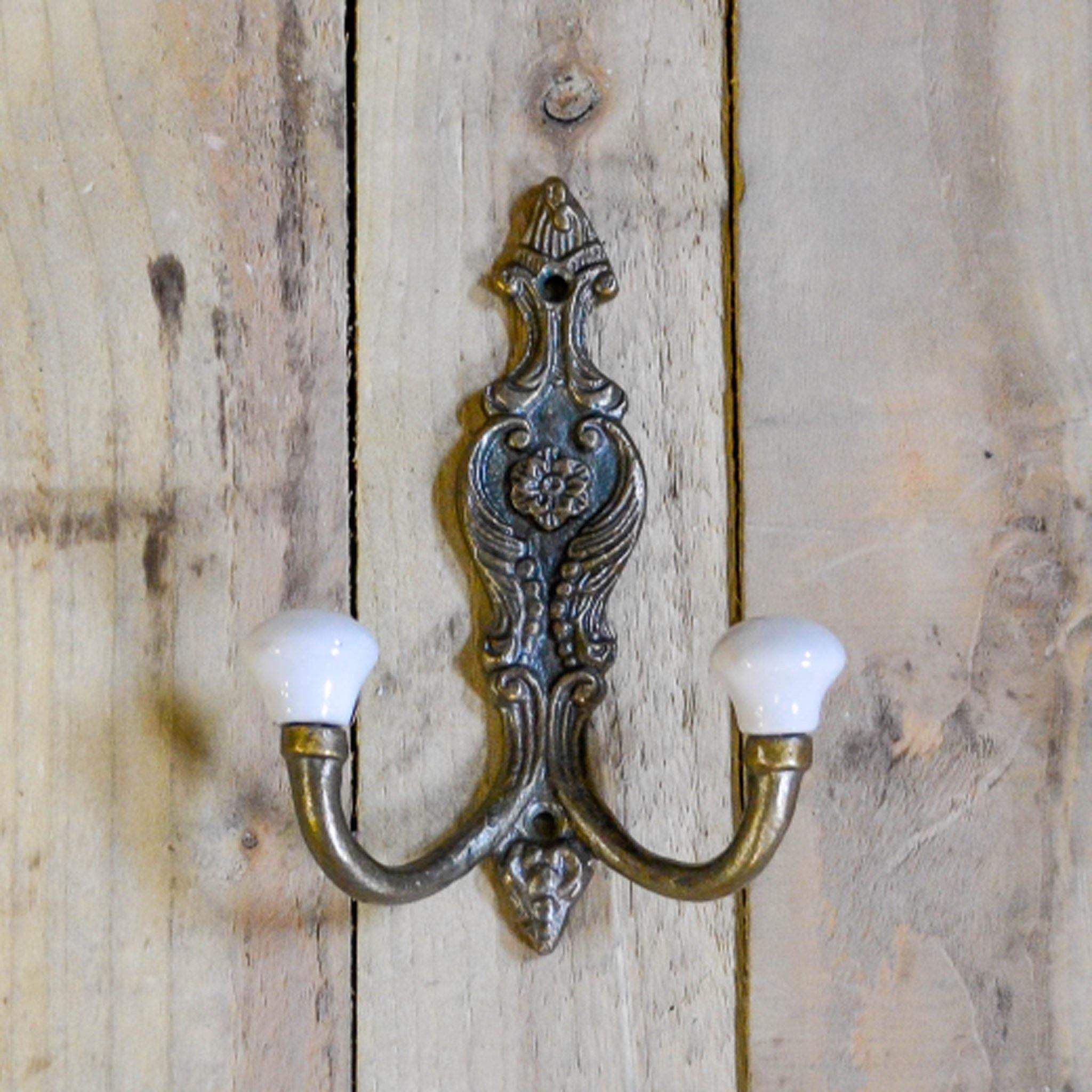 Double Coat Hook - Brass 2 Ceramic Hook, French - - Liv's Solihull