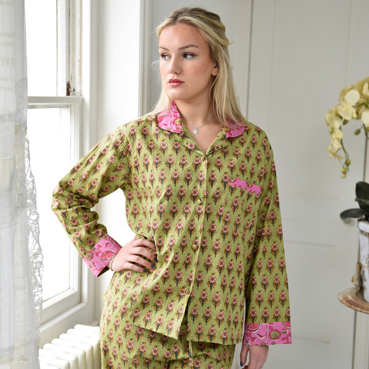 Pyjamas - Lime Green Block Print Pink Floral Trims - - Liv's Solihull