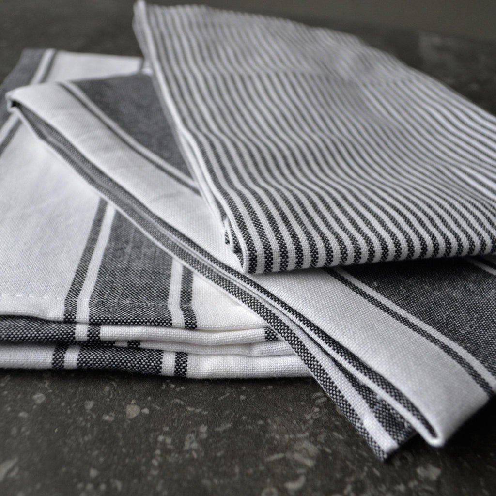 Tea Towels, Set of 3 - Black & White Stripe - Liv's