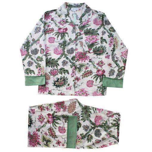 Pyjamas - White & Pink Floral, Green Trim - Liv's