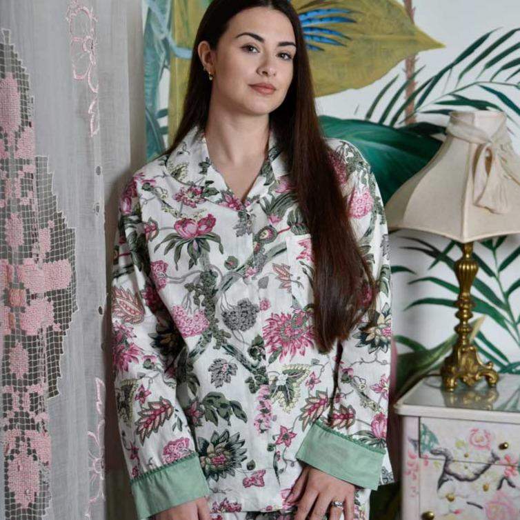 Pyjamas - White & Pink Floral, Green Trim - Liv's