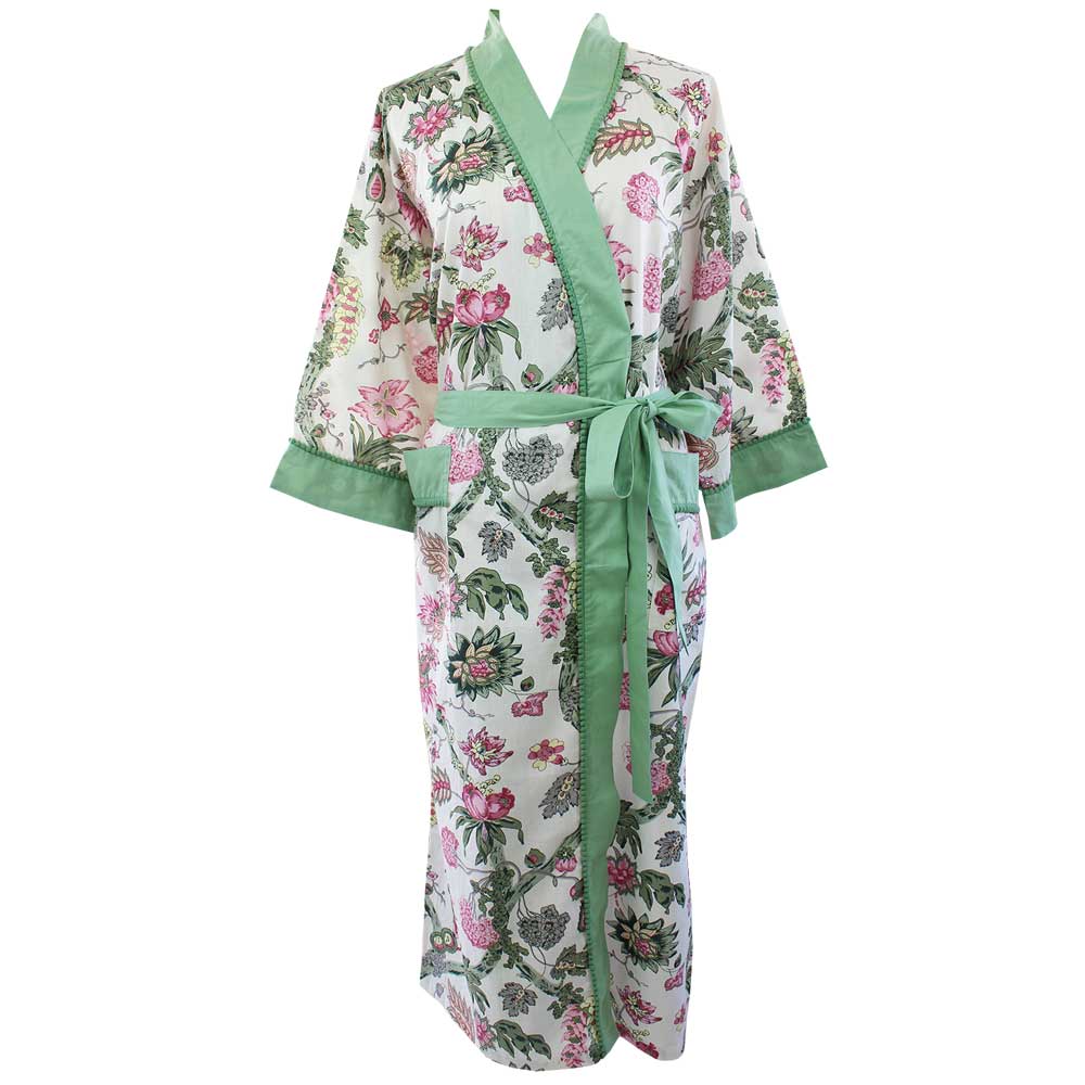 Dressing Gown - White & Pink Floral, Green Trim - - Liv's Solihull