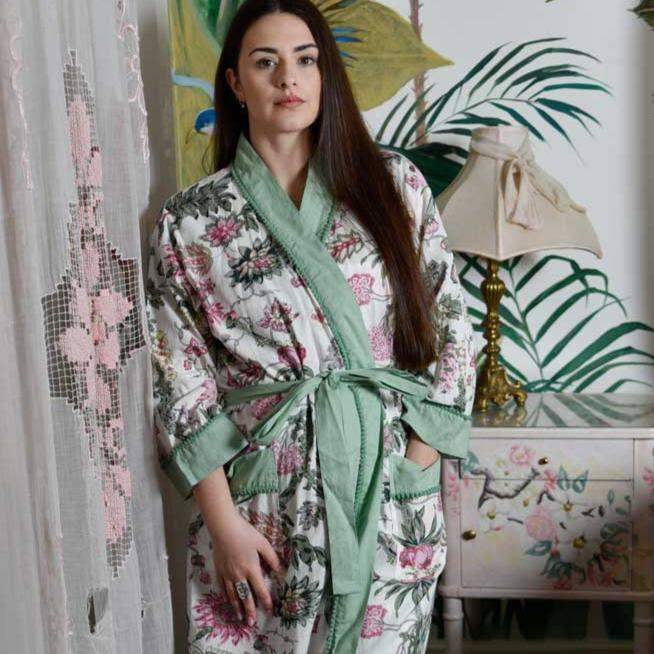 Dressing Gown - White & Pink Floral, Green Trim - Liv's