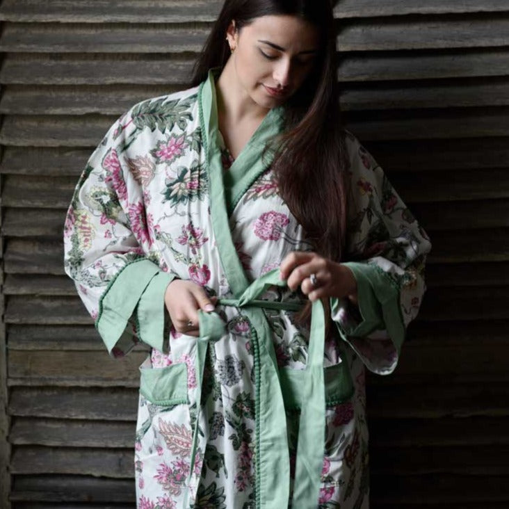 Dressing Gown - White & Pink Floral, Green Trim - - Liv's Solihull Dressing Gown - White & Pink Floral, Green Trim - - Liv's Solihull